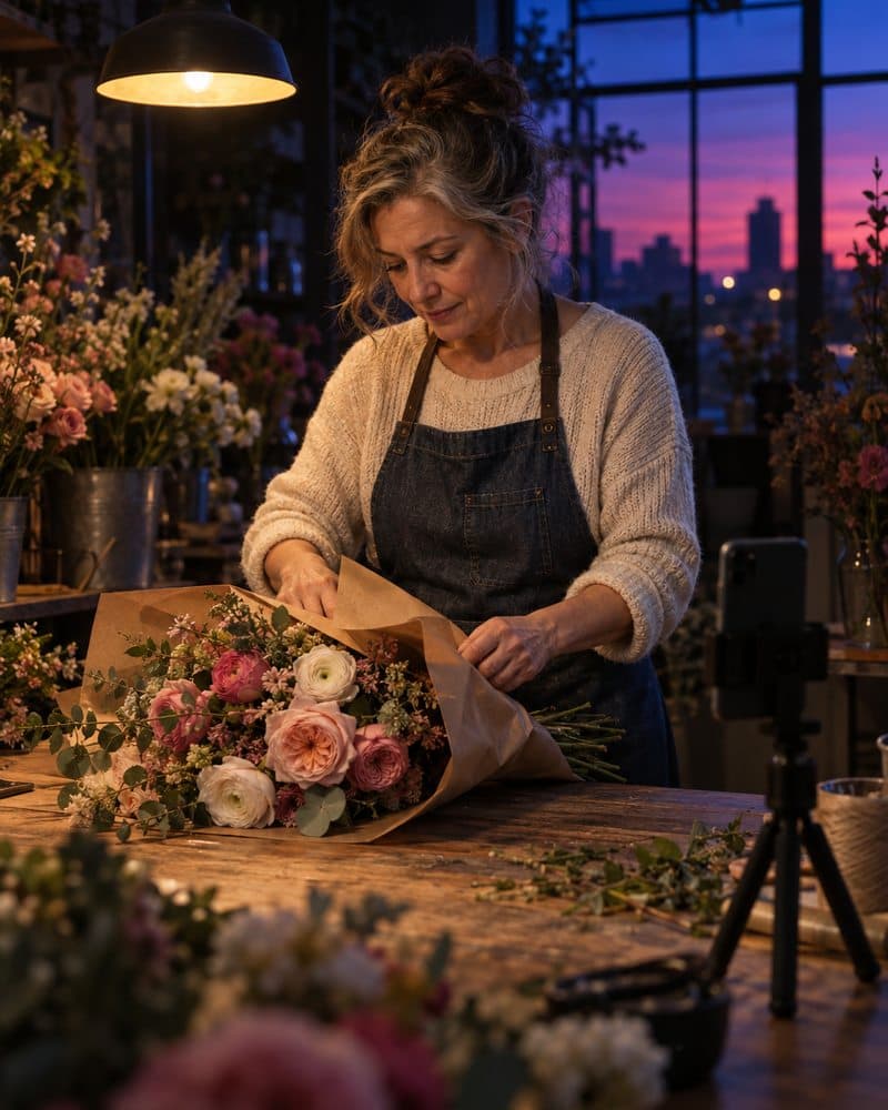 A florist wraps a bouquet of garden roses in brown paper at her shop's workbench, filming on a phone on a small tripod.