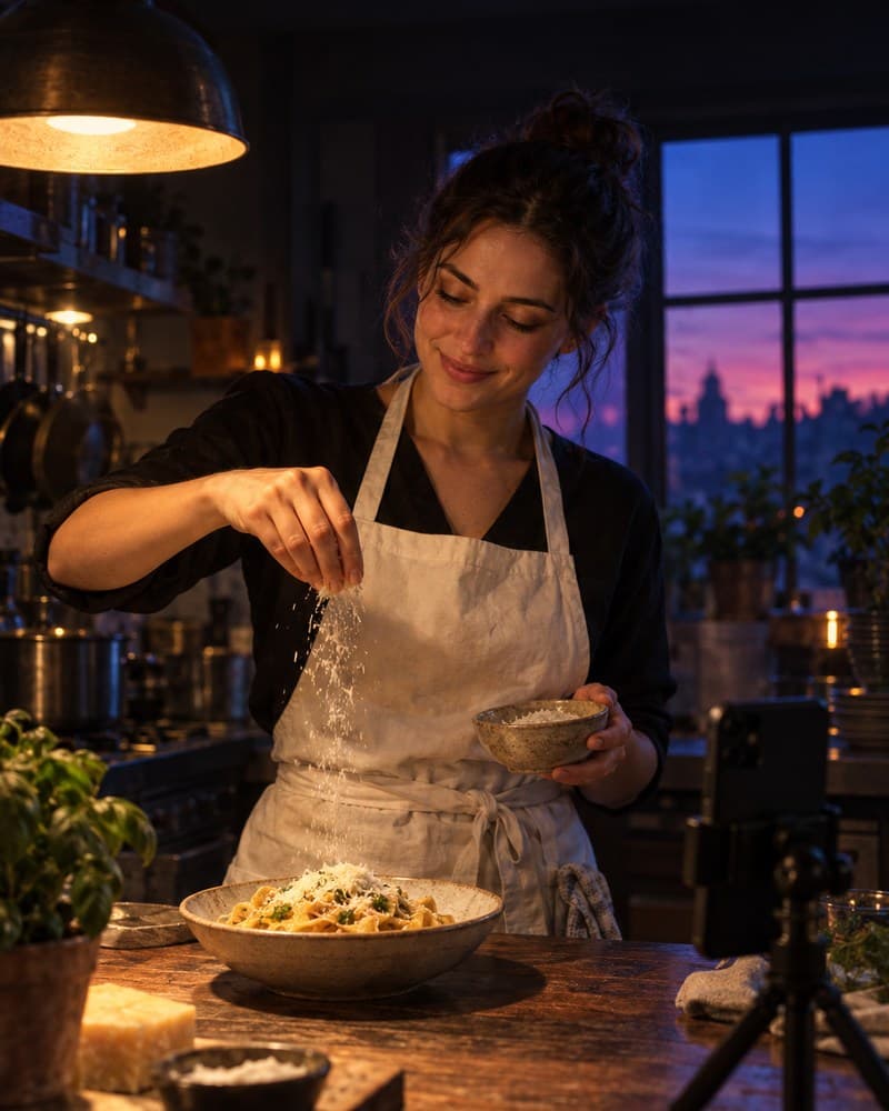 A young chef grates cheese over a bowl of fresh pasta at a restaurant counter, filming the dish on a phone on a tripod.